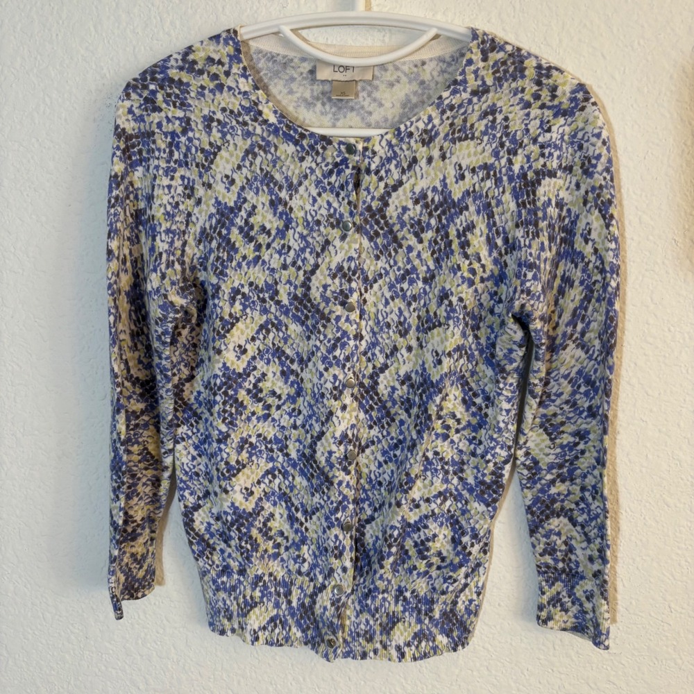 LOFT Snakeskin Print Cardigan Women XS Blue Yellow